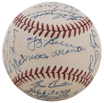 1956 New York Yankees High Grade Team Signed OAL Harridge Baseball With 30 Signatures Including Mantle, Berra & Ford (PSA/DNA)